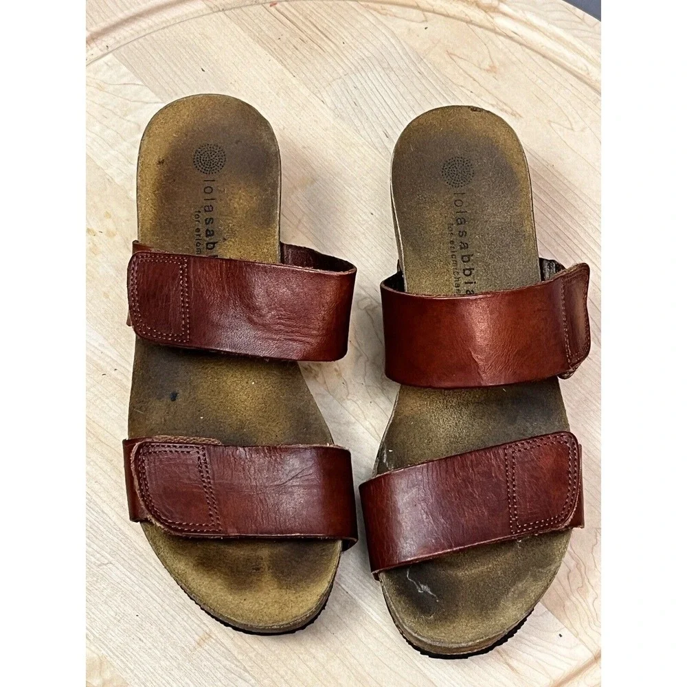 Lola‎ Sabbia for Eric Michael Sandals Womens 39 Brown Leather Cork Wedge Slide
